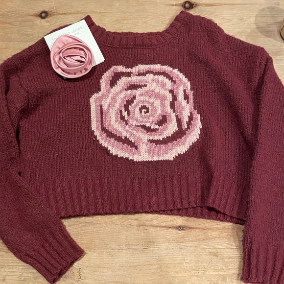 Sincerly Jules Sweaters - NWT Sincerly Jules Burgundy Pink Cream Crop Sweater Rosette Barrette Duo M